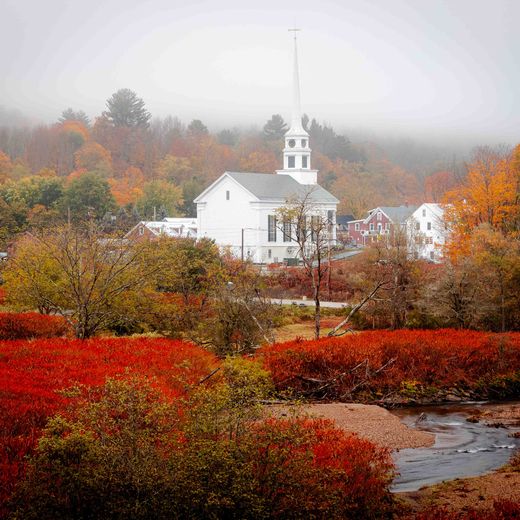 Stowe village church in fall